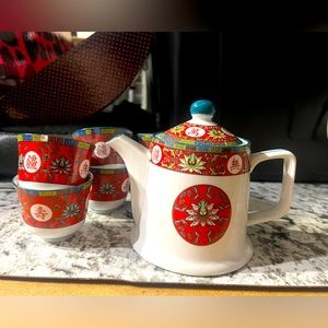 Vintage Chinese Ceremonial tea set marriage and longevity 7 pieces